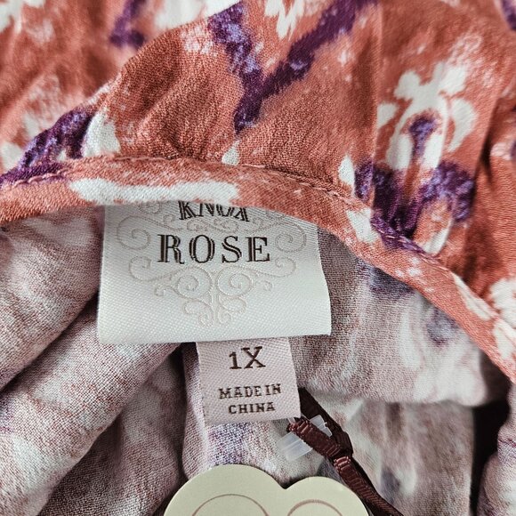 Knox Rose Womens 1X Puff Short Sleeve Tiered A-Line Dress Boho Rust & White - Picture 9 of 11